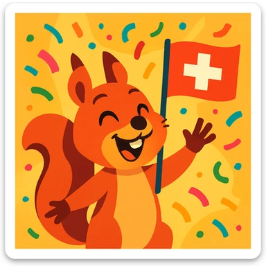 cheerful squirrel celebrating with confetti and holding a Swiss flag, vibrant and festive style sticker