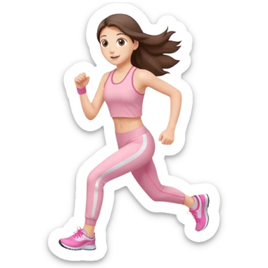white happy brunette teen long hair with hazel eyes in light pink workout clothes jogging through fiish line sticker