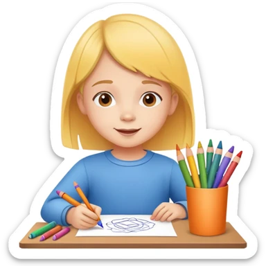 child drawing with crayons on paper, cheerful and creative sticker