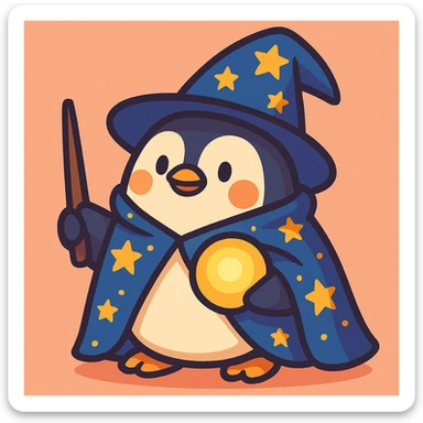 a chubby penguin wizard with a starry cloak and a glowing orb, in a soft, rounded illustration style sticker