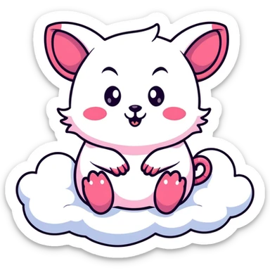 pink possum sitting on a fluffy cloud with small devil horns, vibrant colors, sparkles, celestial background, mischievous expression sticker