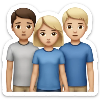  iOS emoji style.
A girl holding hands with two boys at the same time,one boy si brunette the other blonde, one on each side.
The girl has a suspicious, guilty expression, slightly turned eyes.
The boys look neutral and unaware.
 smooth gradients, rounded shape sticker