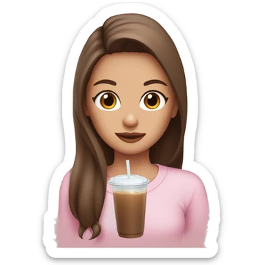 girl drinking an iced coffee with long brown hair half up half down and baby pink long sleeved top  sticker
