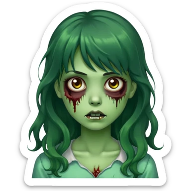 I want a zombie girl with green skin, long wavy hair and bangs and dark brown  sticker
