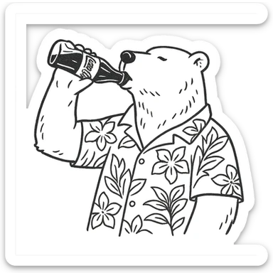 hand-drawn outline style polar bear in a Hawaiian shirt drinking Coca Cola sticker