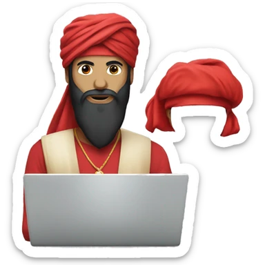 A caliph with turban and red clothes writing in a laptop sticker