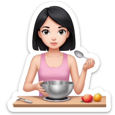girl with black hair and black eyes white tone skin wearing pink pastel tanktop, and holding a silver bowl cooking or mixing something sticker