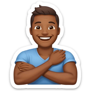 Guy laughing with arms crossed hold neck sticker