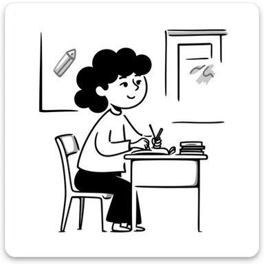 Student sitting at desk, taking notes while listening to lecture sticker