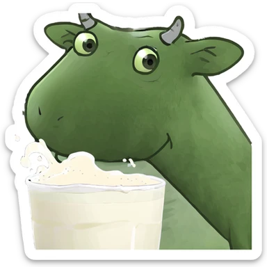 A dreamy cow with stars around it, soft eyes, and flowing milk lines sticker
