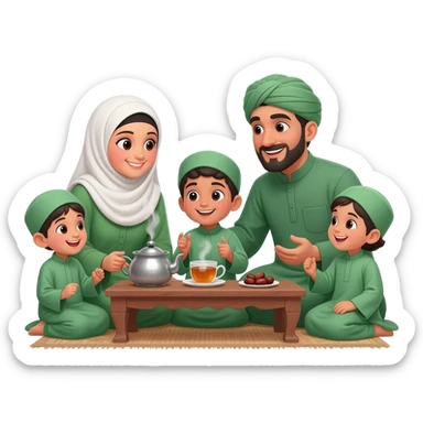 happy family islamic clothing sitting on table talking; mother wearing hijab more kids sticker