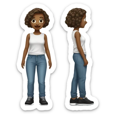 Girl with  brown medium short hair, and y2k shirt. Baggy pants and black shoes sticker