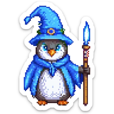 pixel art penguin wizard holding a wand, wearing blue robe and hat sticker