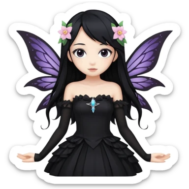 Gothic anime fairy with long beautiful black hair and black dress, pastelcore, sticker