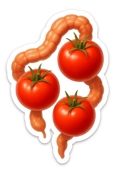 emoji stile iphone di pomodori che fluttuano in aria con colon attorcigliato intorno, iperrealistico 4k, isolato su sfondo bianco sticker