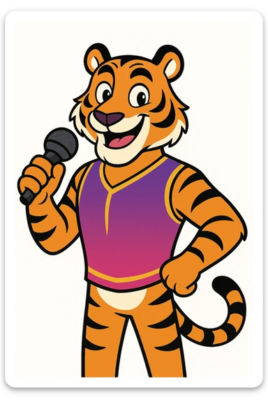 cartoon-style male tiger mascot standing upright smiling confidently with big eyes and a friendly expression wearing a purple and fuchsia vest or t-shirt holding a microphone in one hand clean modern colorful style with bold outlines and smooth shading color palette purple to fuchsia gradient gold accents white details energetic and fun perfect for a party and event company plain white background sticker