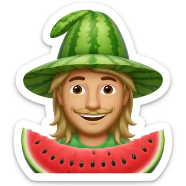 long haired man with watermelon hat sticker