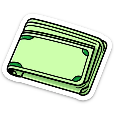 black leather wallet with dollar bills inside and a small clock in top right corner positioned over the wallet sticker