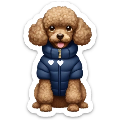 Brown toy poodle wearing a navy blue puffer jacket with white hearts on it  sticker