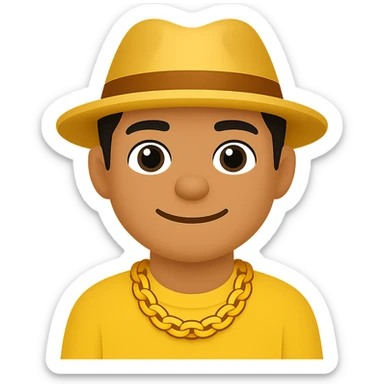 Create an image of a man with a gold chain and a fedora hat in the style of emoji style. The style should resemble emoji aesthetics with clear, simple, and colorful features. sticker