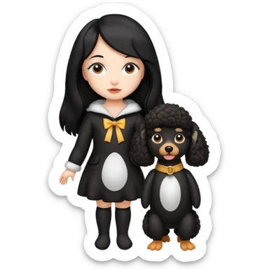 A girl who has long hair and looks like a penguin holds a brown poodle sticker