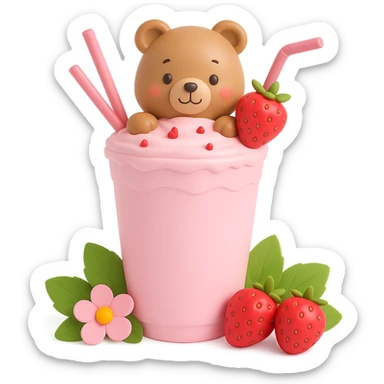 Edit the image to show a strawberry milkshake cup with a straw, a cute bear peeking out, two strawberries with green leaves, pastel colors, soft shadows, clean and minimalistic design in a 3D vinyl figure style, with no background. sticker