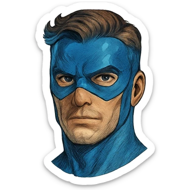 face with blue superhero mask, digital illustration sticker