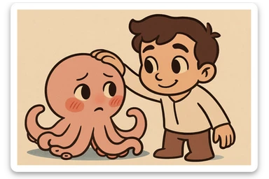 Change the octopus to have a shy expression with blushing cheeks and looking slightly away, while the human keeps a gentle smile. Cartoon style, keep the same pose. sticker