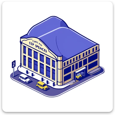 Isometric Marks & Spencer food hall building exterior with typical British architecture, covered entrance, and car park with black London taxi sticker