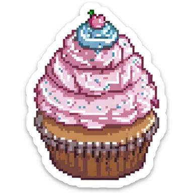 pixel art cupcake with pink icing, white sprinkles sticker
