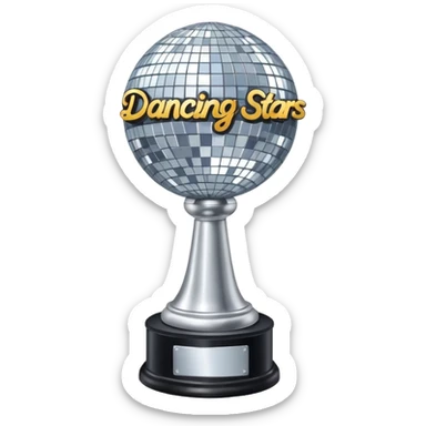 Tall Competition trophy with a silver disco ball on top that says “Dancing With The Stars” in cursive  sticker