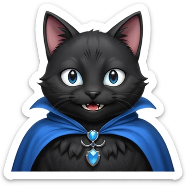 an all black anthropomorphic cat with blue eyes wears an all black cape and is smiling a mischievous sharp tooth grin sticker