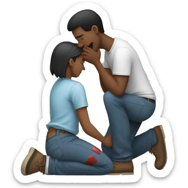 A man kneeling and crying while trying to repair his girlfriend's broken heart. The heart should be depicted as a broken emoji heart, emphasizing the emotional scene. sticker