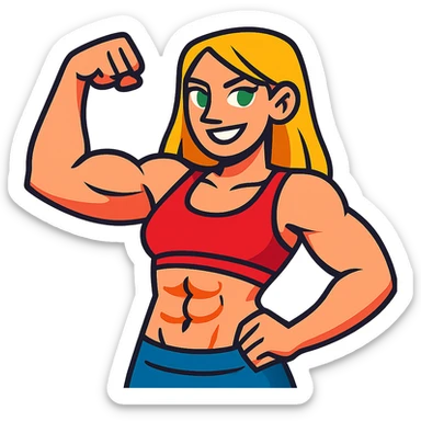 muscular white girl with blonde hair and green eyes, flexing 6 pack abs and one arm bicep sticker