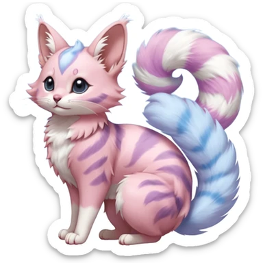 cotton-candy mist pink-blue-lilac fur whipped into cloud-soft spirals beautiful elegant pretty precious cute  Fakémon-Pokémon-opossum-feline-serval-caracal-chinchilla-Furret-Minccino-hybrid-creature with a big fluffy bushy tail (full body) sticker