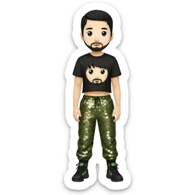 Mike Shinoda with black hair, black sequin crop top, olive sequin baggy pants sticker
