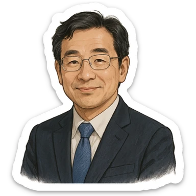 illustrated portrait of Haruhisa Morimoto, friendly expression, semi-realistic style, clean background, detailed but approachable sticker