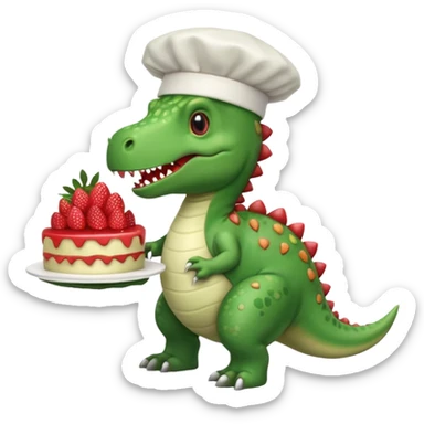 quiero un dinosaurio divertido para niños con delantal y gorro de chef y en la mano una tarta sticker
