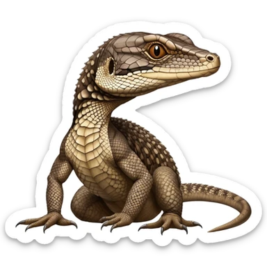 Cinematic Noble brown camo spotted monitor Lizard Portrait Emoji, Poised and regal, with a robust, scaled body exhibiting striking, mottled patterns and piercing, alert eyes, Simplified yet sharp and sophisticated features, highly detailed, glowing with a soft, earthy glow, high shine, intelligent and formidable, stylized with an air of ancient wilderness, focused and commanding, soft glowing outline, capturing the essence of a watchful and confident reptilian guardian that appears ready to stride out of the screen with effortless authority! sticker