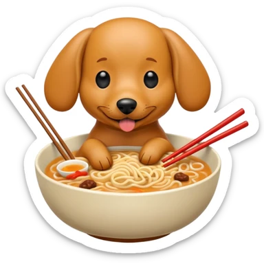 retro arcade style weenie dog eating ramen noodles out of bowl with chopsticks sticker