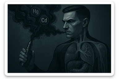 A stylized and unsettling electronic cigarette releasing dark metallic smoke filled with toxic particles. Within the smoke, symbols of heavy metals (Pb, Hg, Cd) travel towards a transparent human body. Inside the body, the liver and intestines appear blackened or visibly clogged. The atmosphere is dark, medical-symbolic style with cold metallic colors, conveying a strong and disturbing visual message. The face is inspired by the reference photo provided. sticker