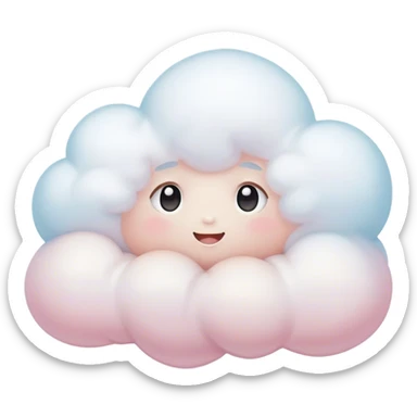 Cinematic tiny snuggly cloud, soft fluffy texture, gentle glowing edges, cute blushing cheeks, floating peacefully in a pastel sky, warm and dreamy. sticker