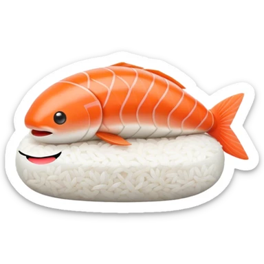 Cute Kawaii Nigiri Sushi, plump and happy, a soft white rice pillow topped with bright orange salmon, tiny blushing cheeks, big round eyes, a joyful floating expression! sticker