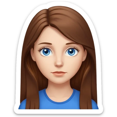 white woman with long brown hair and blue eyes, neutral expression sticker