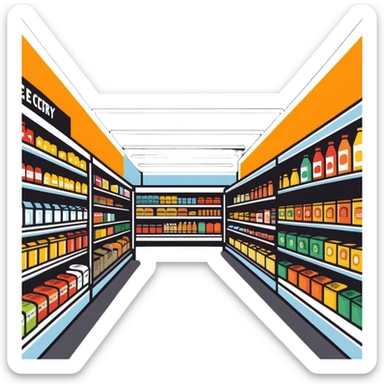 inside large grocery store with aisles full of products sticker
