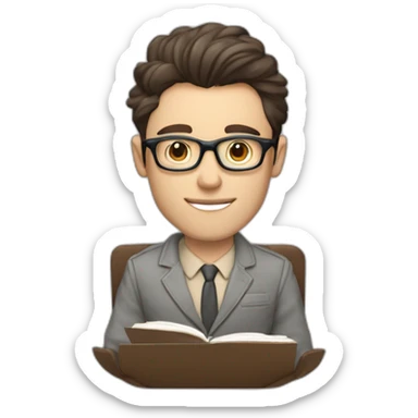 Pale skinned Fit Man With dark brown hair in gray jacket, beige office shirt and vintage glasses sitting In a soft chair with a notebook with emblem Ψ and a pen in his hands sticker