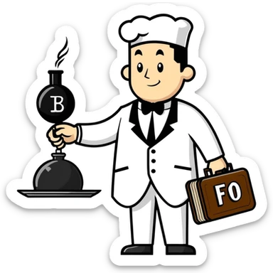A butler holding a platter with an old-fashion bomb on it with the letters FO on the bomb sticker