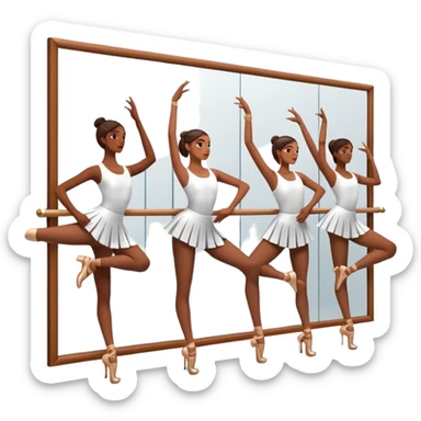 Icon for Choreography: a group of dancers in identical poses, standing by a wall with all wall long mirror, holding a long barre with one hand. The icon should capture the discipline and synchronized movement of dance training. Transparent background. sticker