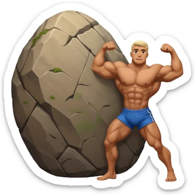 a man pushing a huge rock sticker