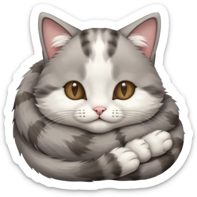 grey and white small cat with eyes closed lying down upside down with its head resting on its paw sticker